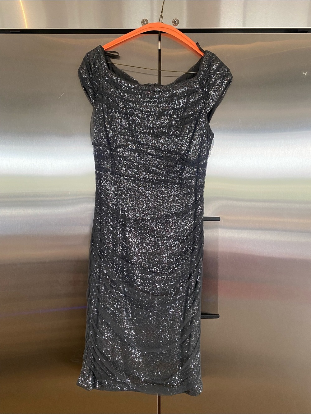 Lauren Ralph Lauren Gunmetal Gray Sequin Sheath Featuring Ruched Tulle